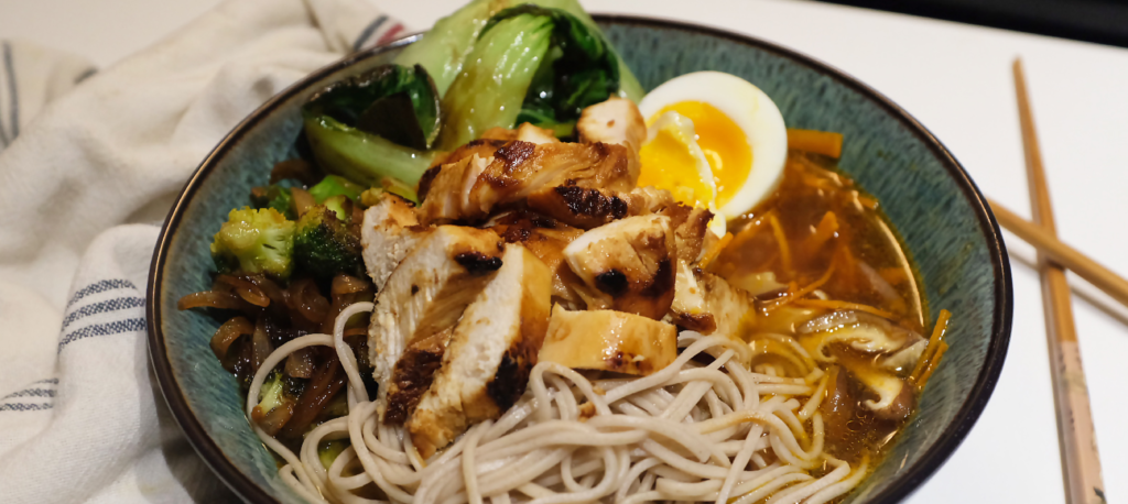 picture of leftover chicken ramen soup with vegetables